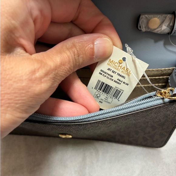 Michael Kors Blue and Brown Jet Set Travel clutch with strap. - Picture 8 of 9
